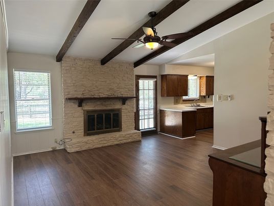 Empty room, Fireplace, Interior, Kitchen, Stone Walls, Wooden Beams, Wood Texture Flooring