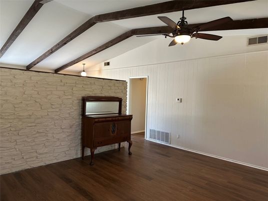 Empty room, Interior, Stone Walls, Wooden Beams, Wood Texture Flooring