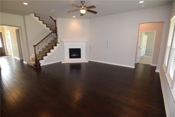 Empty room, Fireplace, Interior, Recessed Lighting, Wood Texture Flooring