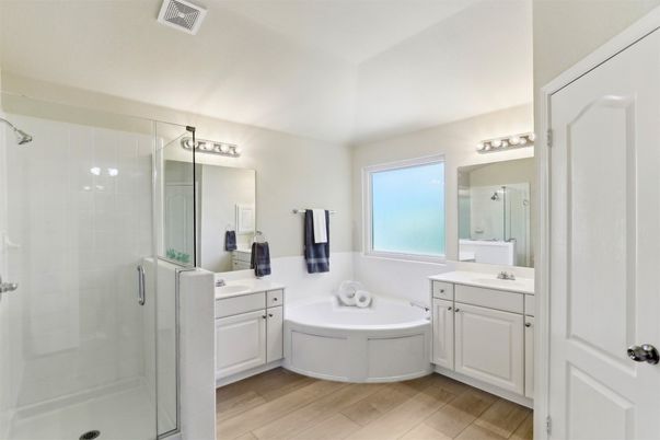 Bathroom, Glass Shower, Interior, Wood Texture Flooring
