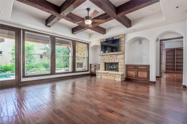 Empty room, Fireplace, Interior, Recessed Lighting, Wooden Beams, Wood Texture Flooring