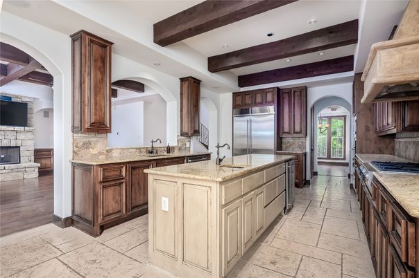 Fireplace, Interior, Kitchen, Recessed Lighting, Stainless Steel Appliances, Wooden Beams, Wood Texture Flooring