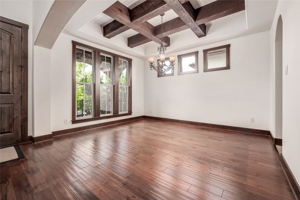Chandelier, Empty room, Interior, Wooden Beams, Wood Texture Flooring