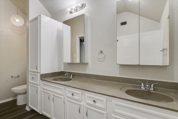Bathroom, Dual Sink Vanities, Interior, Pendant Lights, Wood Texture Flooring