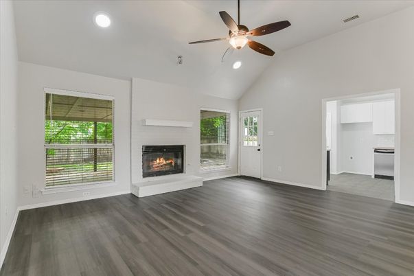 Empty room, Fireplace, Interior, Recessed Lighting, Wood Texture Flooring