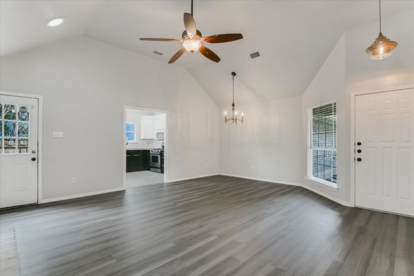 Empty room, Interior, Pendant Lights, Recessed Lighting, Wood Texture Flooring