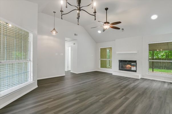 Empty room, Fireplace, Interior, Pendant Lights, Recessed Lighting, Wood Texture Flooring