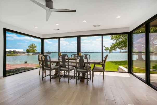 Dining room, Interior, Recessed Lighting, Sun Room, Water, Wood Texture Flooring