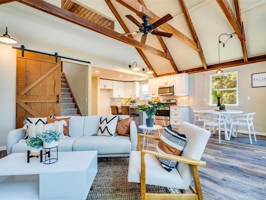 Dining room, Interior, Kitchen, Living room, Pendant Lights, Recessed Lighting, Stainless Steel Appliances, Wooden Beams, Wood Texture Flooring