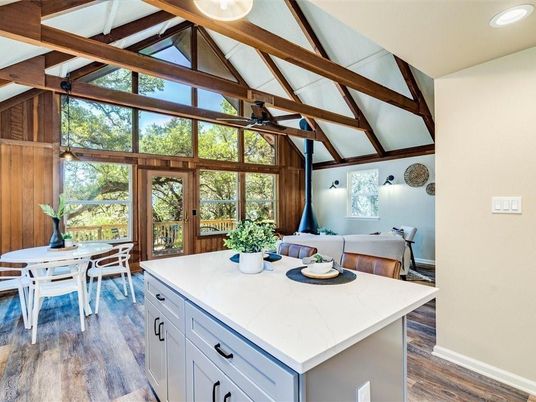 Dining room, Interior, Recessed Lighting, Wooden Beams, Wood Texture Flooring