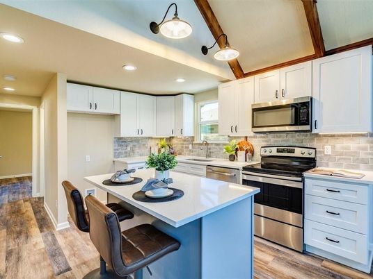Interior, Kitchen, Recessed Lighting, Stainless Steel Appliances, Wooden Beams, Wood Texture Flooring