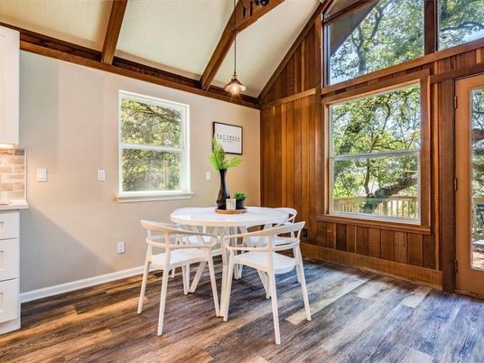 Dining room, Interior, Pendant Lights, Wood Texture Flooring