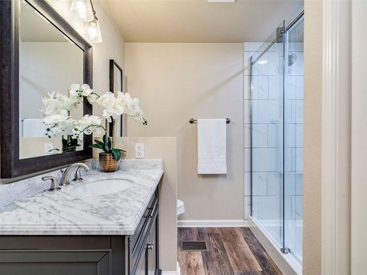 Bathroom, Glass Shower, Interior, Wood Texture Flooring