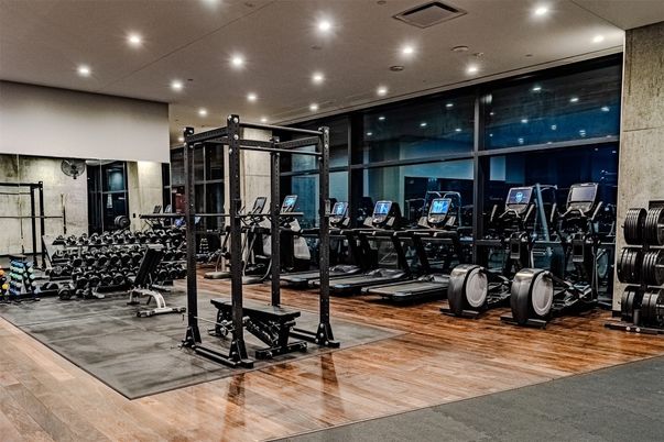 Fitness Equipment, Gym, Interior, Recessed Lighting, Wood Texture Flooring