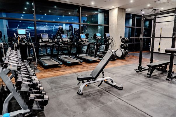 Fitness Equipment, Gym, Interior, Recessed Lighting, Wood Texture Flooring
