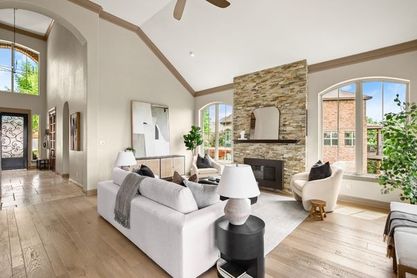 Fireplace, Interior, Living room, Pendant Lights, Recessed Lighting, Stone Walls, Wood Texture Flooring