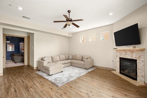 Fireplace, Interior, Living room, Recessed Lighting, Wood Texture Flooring