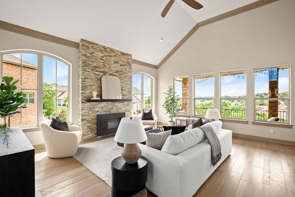 Fireplace, Interior, Living room, Recessed Lighting, Stone Walls, Wood Texture Flooring