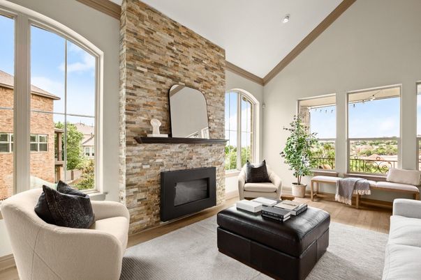 Fireplace, Interior, Living room, Recessed Lighting, Stone Walls, Wood Texture Flooring