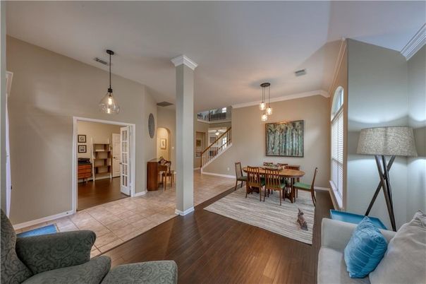 Dining room, Interior, Pendant Lights, Wood Texture Flooring
