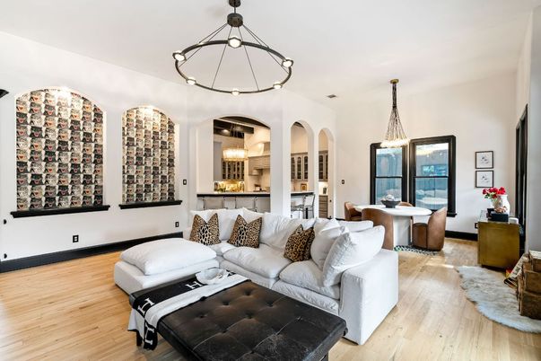 Dining room, Interior, Living room, Pendant Lights, Wood Texture Flooring