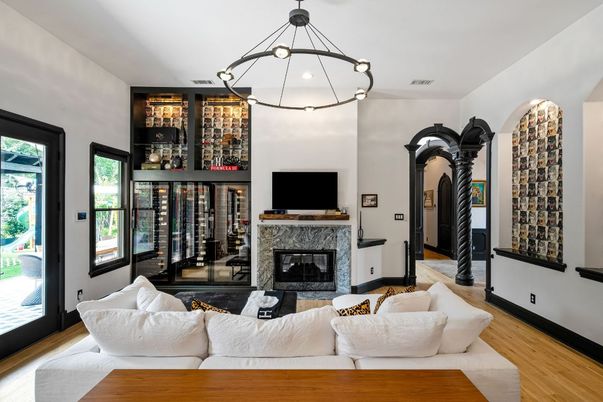 Fireplace, Interior, Living room, Pendant Lights, Wine Storage, Wood Texture Flooring
