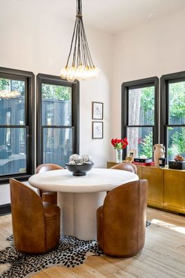 Dining room, Interior, Pendant Lights, Wood Texture Flooring