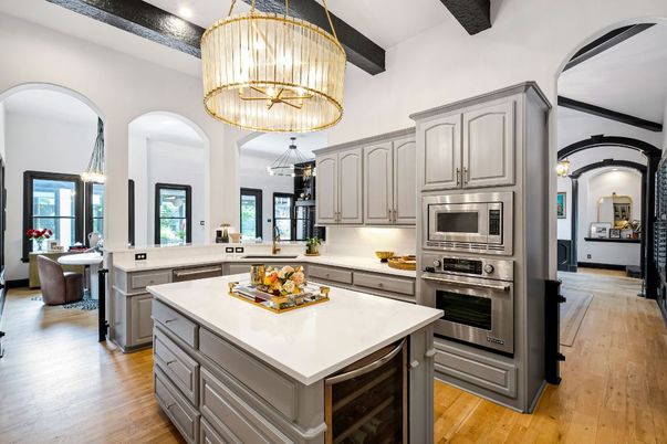 Interior, Kitchen, Pendant Lights, Recessed Lighting, Stainless Steel Appliances, Wooden Beams, Wood Texture Flooring