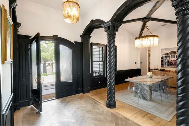 Chandelier, Dining room, Interior, Pendant Lights, Wood Texture Flooring