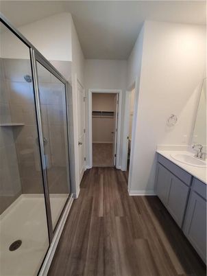 Bathroom, Glass Shower, Interior, Wood Texture Flooring