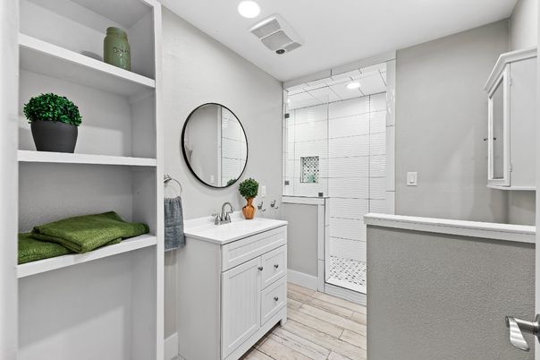 Bathroom, Glass Shower, Interior, Recessed Lighting, Wood Texture Flooring
