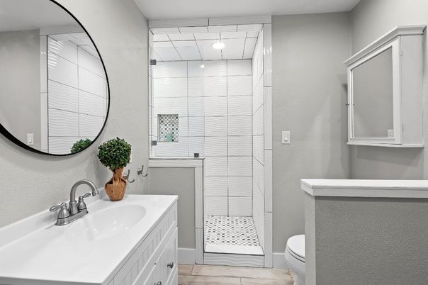 Bathroom, Interior, Recessed Lighting, Wood Texture Flooring