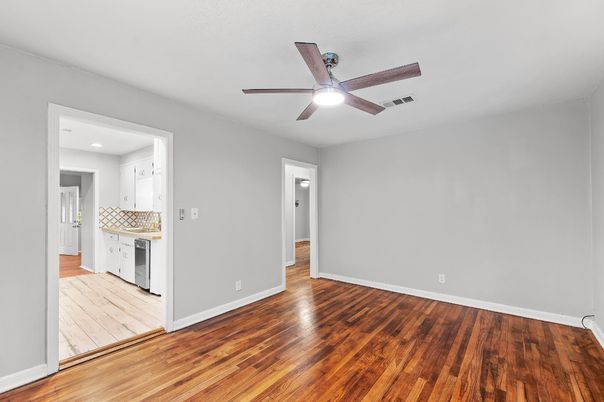 Empty room, Interior, Kitchen, Recessed Lighting, Wood Texture Flooring