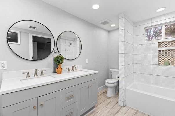 Bathroom, Dual Sink Vanities, Interior, Recessed Lighting, Wood Texture Flooring