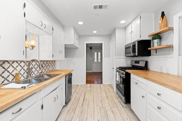 Interior, Kitchen, Recessed Lighting, Stainless Steel Appliances, Wood Texture Flooring