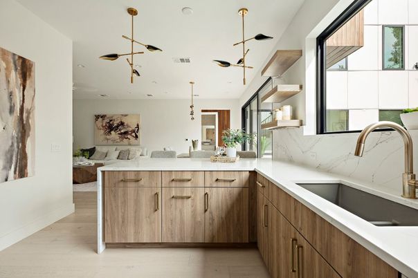 Interior, Kitchen, Living room, Marble Walls, Pendant Lights, Recessed Lighting, Wood Texture Flooring