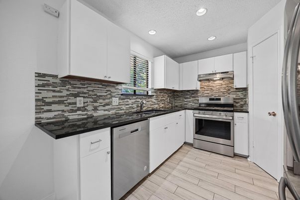 Interior, Kitchen, Recessed Lighting, Stainless Steel Appliances, Wood Texture Flooring