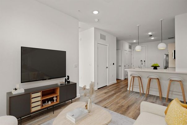 Interior, Kitchen, Living room, Pendant Lights, Recessed Lighting, Wood Texture Flooring