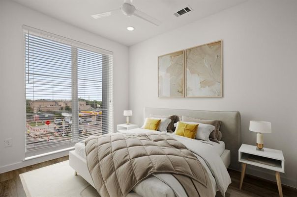 Bedroom, Interior, Recessed Lighting, Wood Texture Flooring
