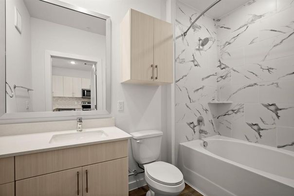 Bathroom, Interior, Marble Walls, Wood Texture Flooring