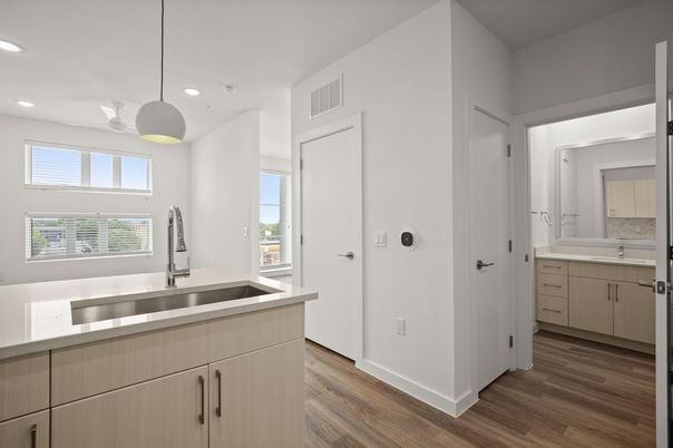 Bathroom, Interior, Pendant Lights, Recessed Lighting, Wood Texture Flooring