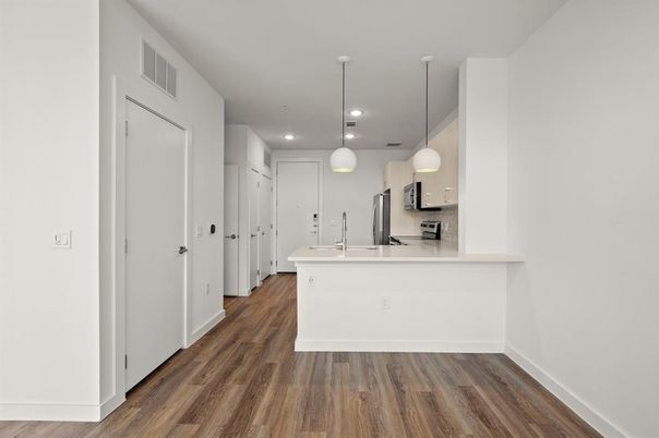 Interior, Kitchen, Pendant Lights, Recessed Lighting, Stainless Steel Appliances, Wood Texture Flooring