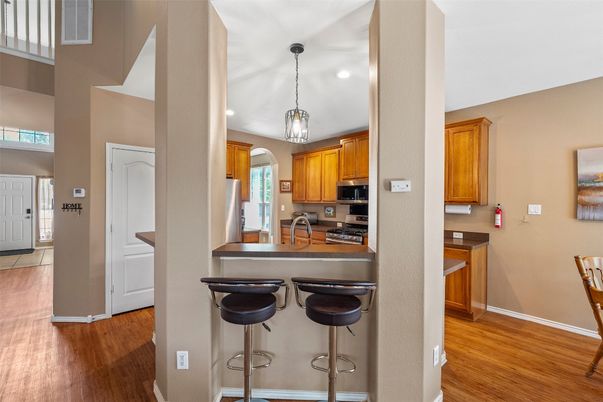 Interior, Kitchen, Pendant Lights, Recessed Lighting, Wood Texture Flooring