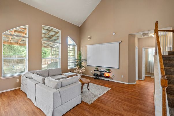 Interior, Living room, Projection Screen, Wood Texture Flooring