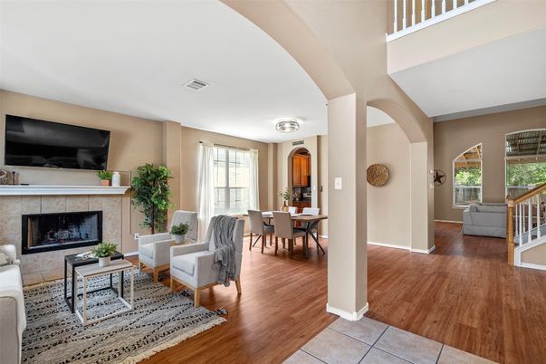 Dining room, Fireplace, Interior, Living room, Wood Texture Flooring