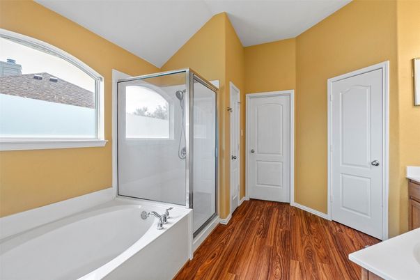 Bathroom, Glass Shower, Interior, Wood Texture Flooring