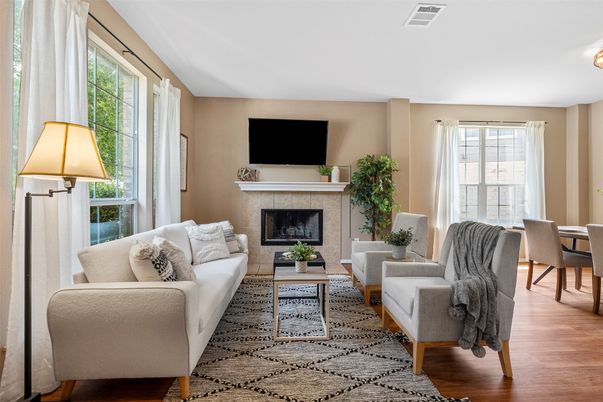 Dining room, Fireplace, Interior, Living room, Wood Texture Flooring