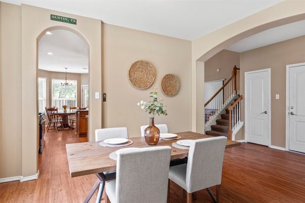 Chandelier, Dining room, Interior, Recessed Lighting, Wood Texture Flooring
