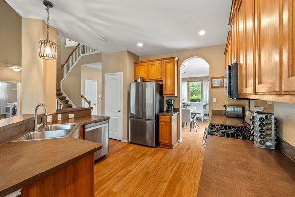 Interior, Kitchen, Pendant Lights, Recessed Lighting, Wood Texture Flooring