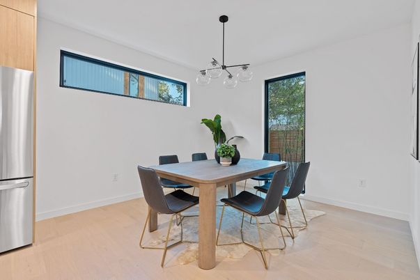 Dining room, Interior, Pendant Lights, Wood Texture Flooring